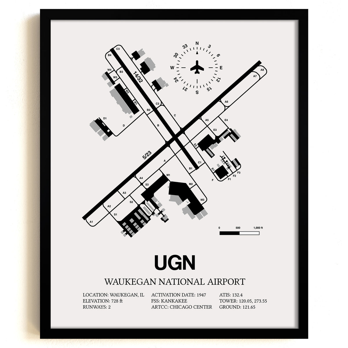 Framed Detailed Airport Map of Waukegan National Airport (UGN) in White with a Black Frame