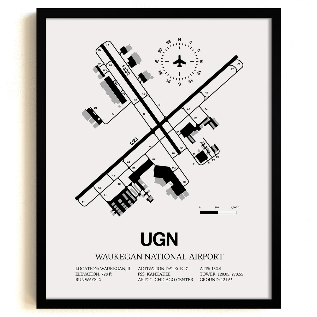 Framed Detailed Airport Map of Waukegan National Airport (UGN) in White with a Black Frame
