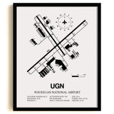 Framed Detailed Airport Map of Waukegan National Airport (UGN) in White with a Black Frame