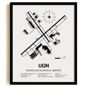 Framed Detailed Airport Map of Waukegan National Airport (UGN) in White with a Black Frame