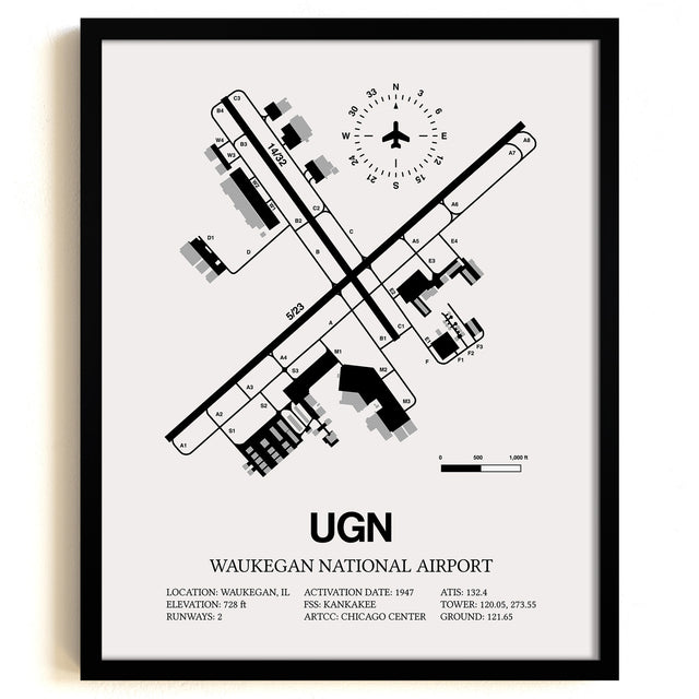 Framed Detailed Airport Map of Waukegan National Airport (UGN) in White with a Black Frame