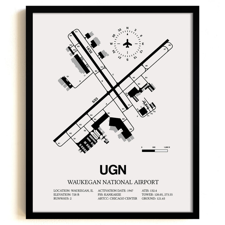 Framed Detailed Airport Map of Waukegan National Airport (UGN) in White with a Black Frame