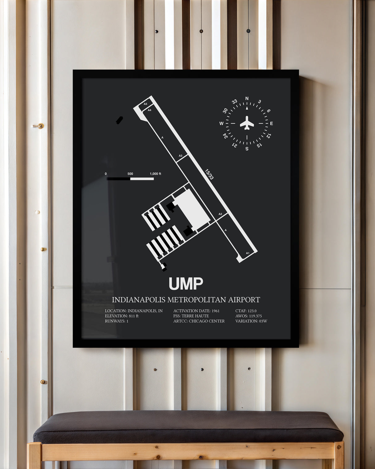 Framed Detailed Airport Map of Indianapolis Metropolitan Airport (UMP) in Gray with a Black Frame