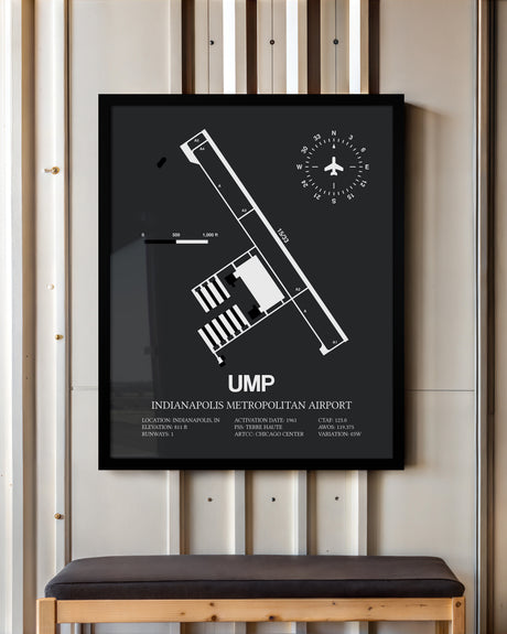 Framed Detailed Airport Map of Indianapolis Metropolitan Airport (UMP) in Gray with a Black Frame