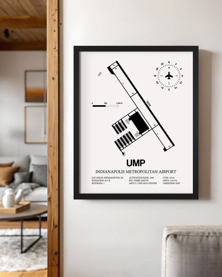 Framed Detailed Airport Map of Indianapolis Metropolitan Airport (UMP) in White with a Black Frame