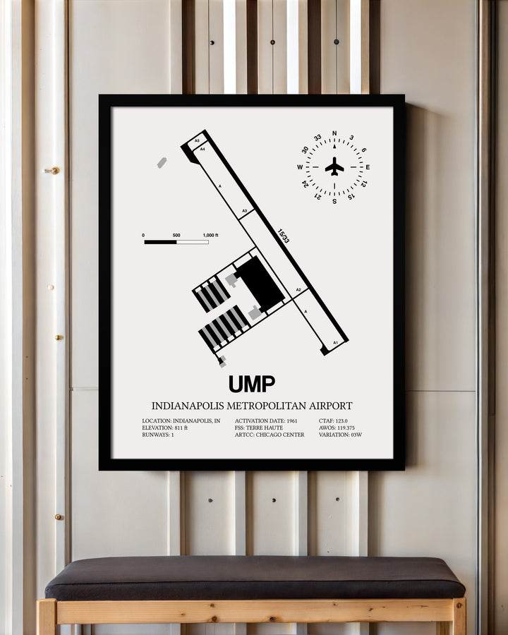 Framed Detailed Airport Map of Indianapolis Metropolitan Airport (UMP) in White with a Black Frame