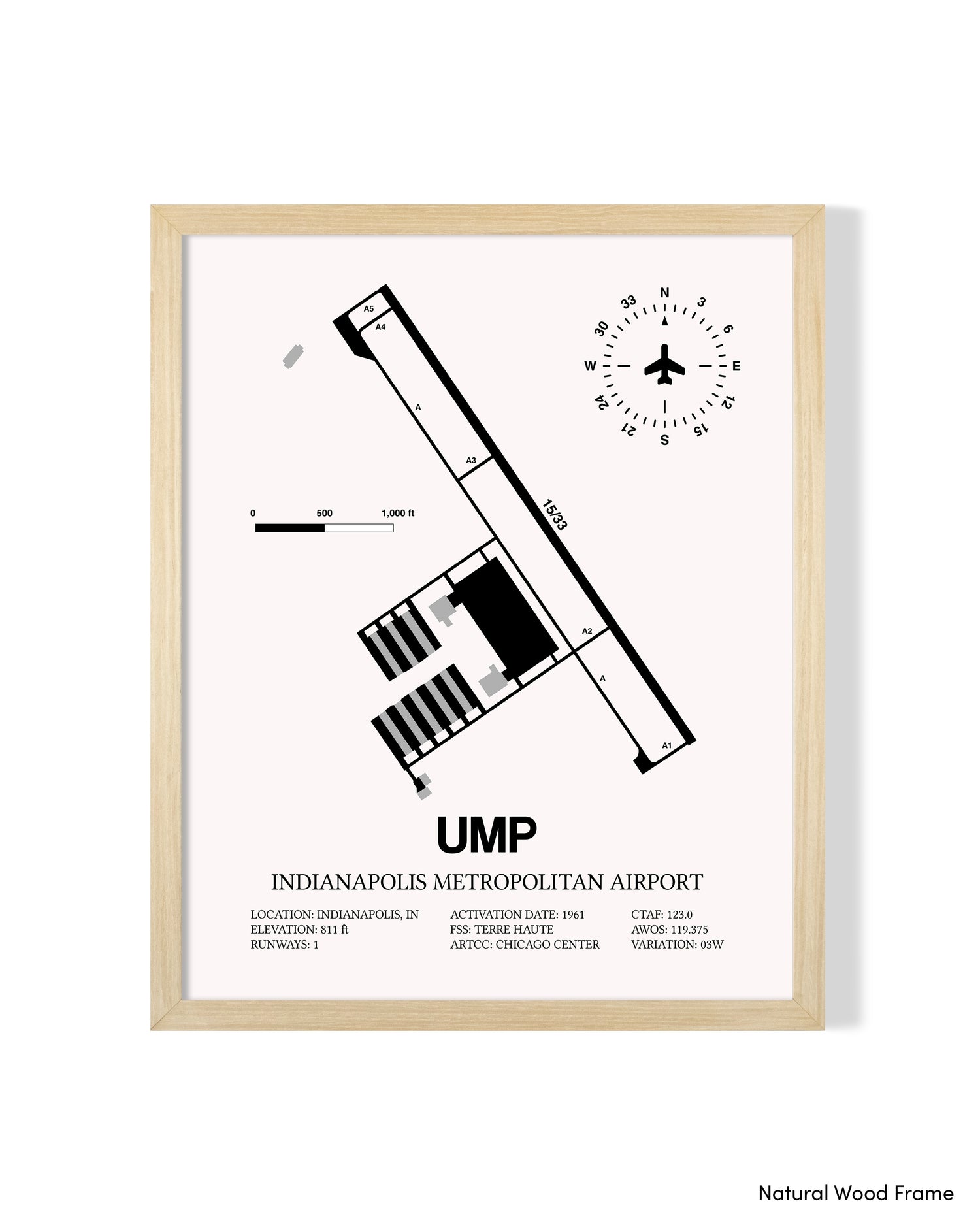 Detailed Airport Map of Indianapolis Metropolitan Airport (UMP) in White with a Natural Frame