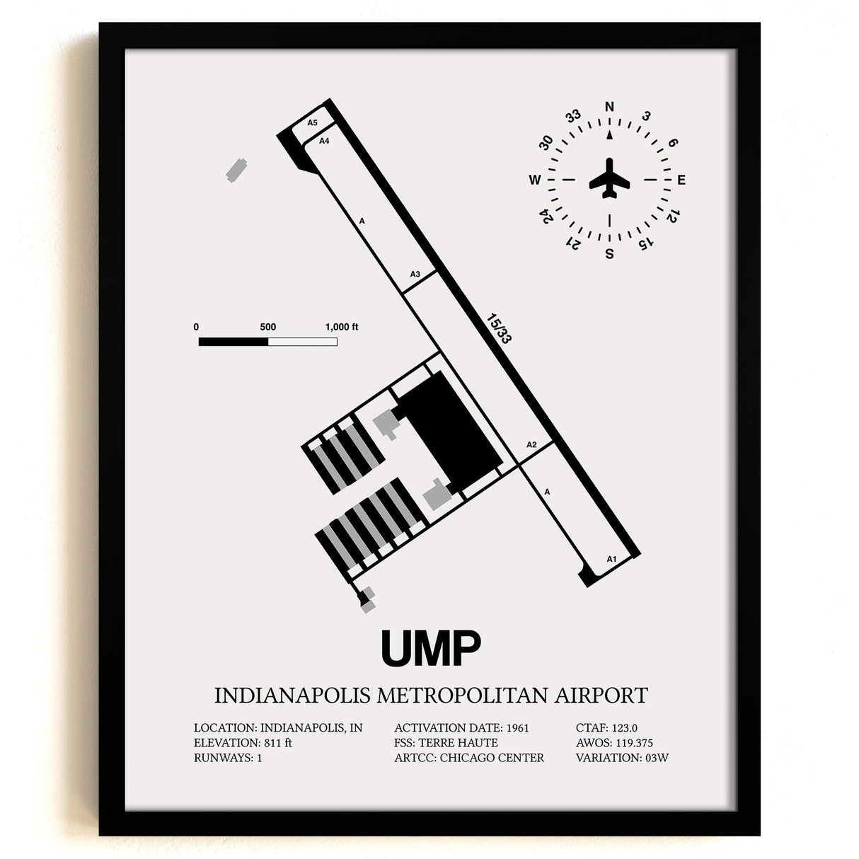 Framed Detailed Airport Map of Indianapolis Metropolitan Airport (UMP) in White with a Black Frame