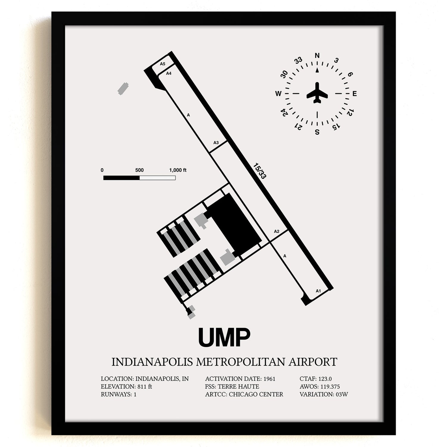 Framed Detailed Airport Map of Indianapolis Metropolitan Airport (UMP) in White with a Black Frame