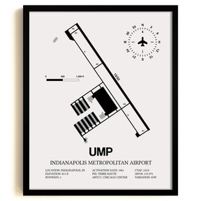 Framed Detailed Airport Map of Indianapolis Metropolitan Airport (UMP) in White with a Black Frame