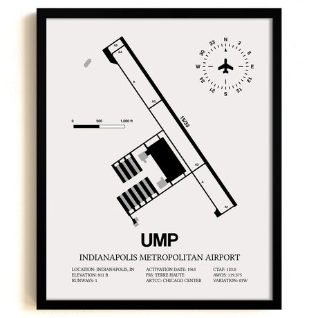 Framed Detailed Airport Map of Indianapolis Metropolitan Airport (UMP) in White with a Black Frame