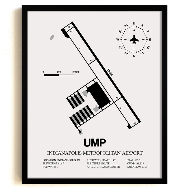 Framed Detailed Airport Map of Indianapolis Metropolitan Airport (UMP) in White with a Black Frame