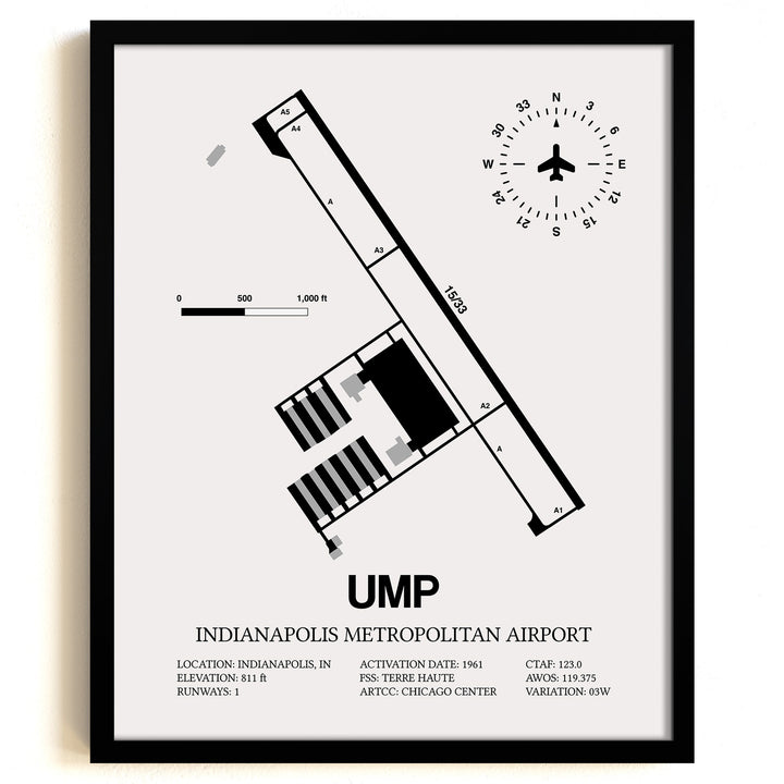 Framed Detailed Airport Map of Indianapolis Metropolitan Airport (UMP) in White with a Black Frame