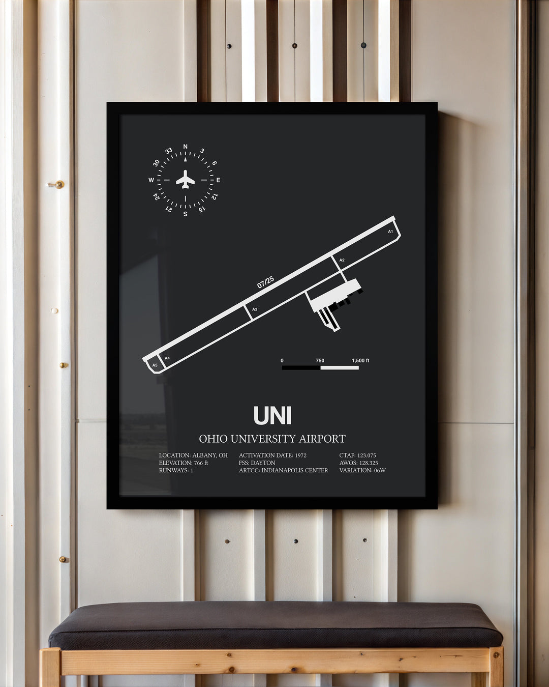 Framed Detailed Airport Map of Ohio University Airport (UNI) in Gray with a Black Frame