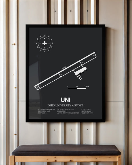 Framed Detailed Airport Map of Ohio University Airport (UNI) in Gray with a Black Frame