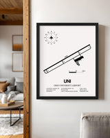 Framed Detailed Airport Map of Ohio University Airport (UNI) in White with a Black Frame