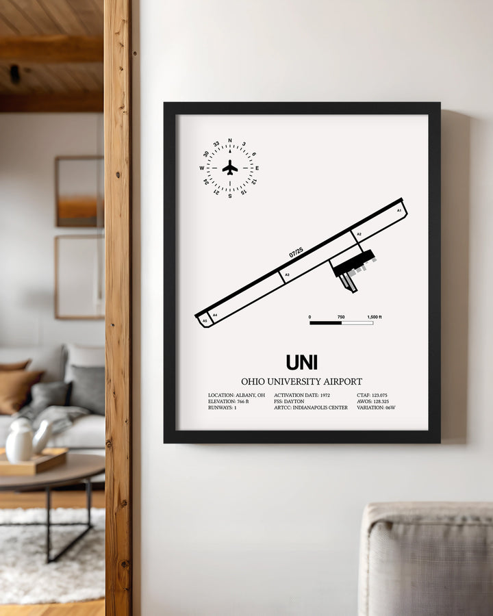 Framed Detailed Airport Map of Ohio University Airport (UNI) in White with a Black Frame