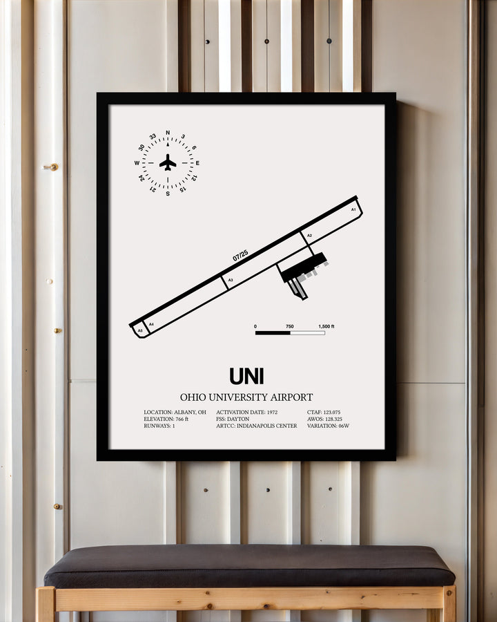 Framed Detailed Airport Map of Ohio University Airport (UNI) in White with a Black Frame