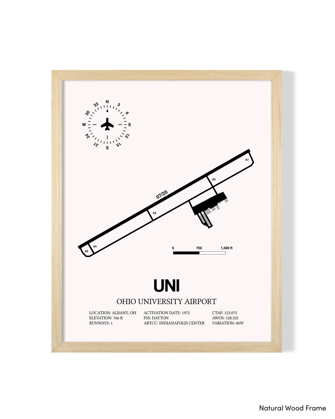 Detailed Airport Map of Ohio University Airport (UNI) in White with a Natural Frame