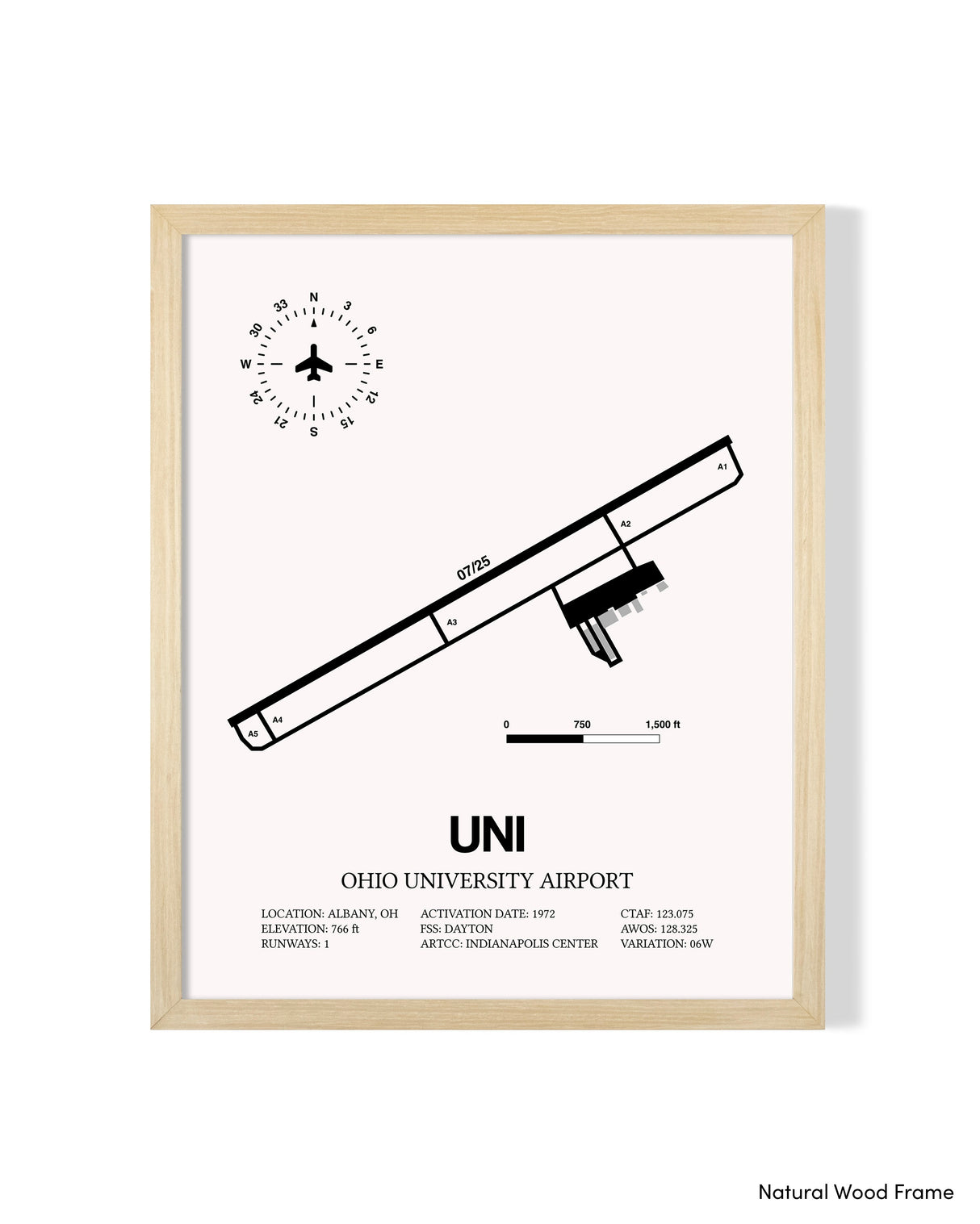 Detailed Airport Map of Ohio University Airport (UNI) in White with a Natural Frame