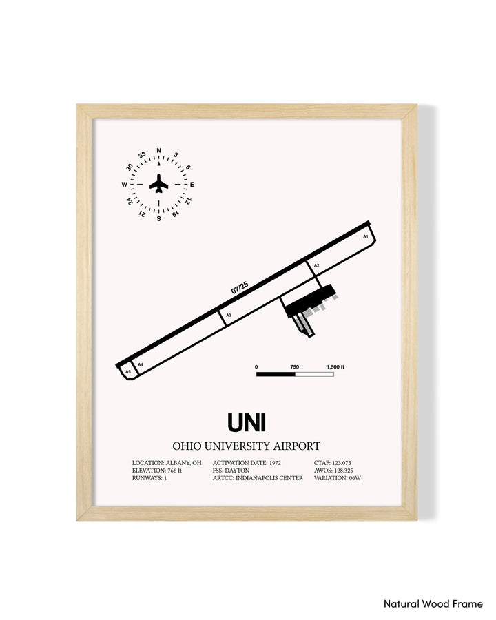 Detailed Airport Map of Ohio University Airport (UNI) in White with a Natural Frame