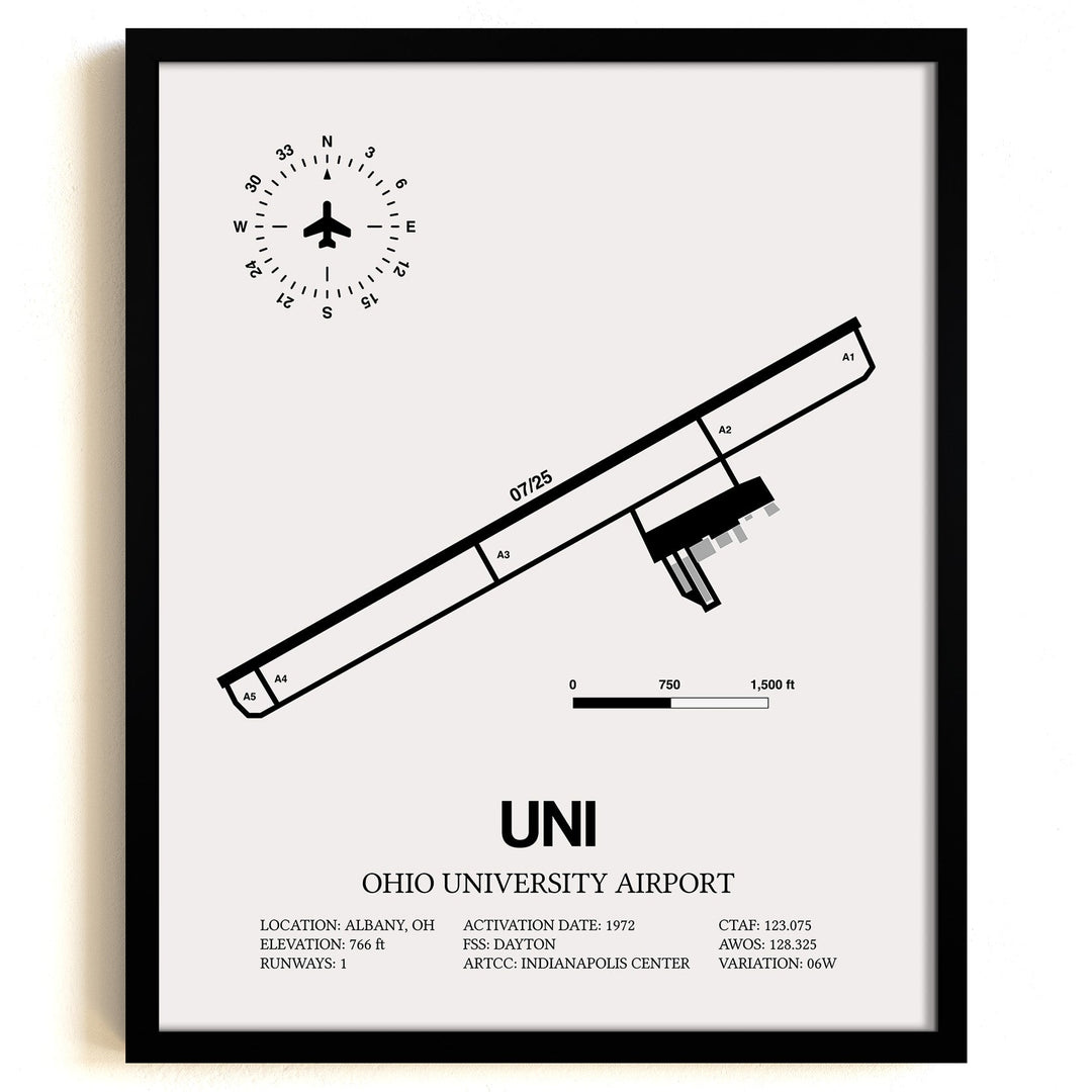 Framed Detailed Airport Map of Ohio University Airport (UNI) in White with a Black Frame
