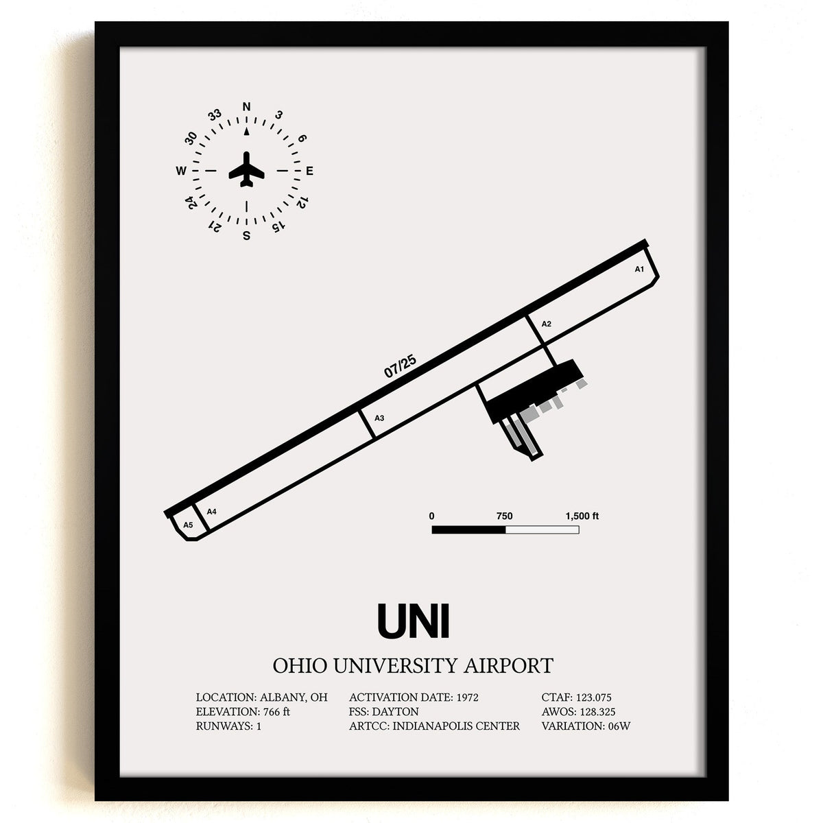 Framed Detailed Airport Map of Ohio University Airport (UNI) in White with a Black Frame