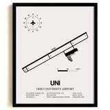 Framed Detailed Airport Map of Ohio University Airport (UNI) in White with a Black Frame