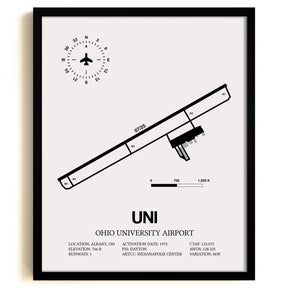 Framed Detailed Airport Map of Ohio University Airport (UNI) in White with a Black Frame