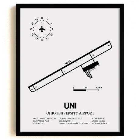 Framed Detailed Airport Map of Ohio University Airport (UNI) in White with a Black Frame