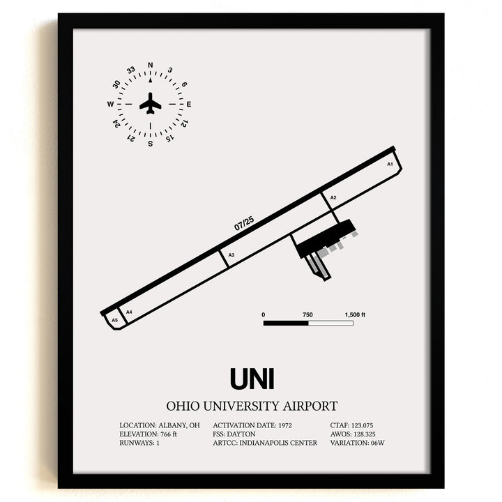Framed Detailed Airport Map of Ohio University Airport (UNI) in White with a Black Frame