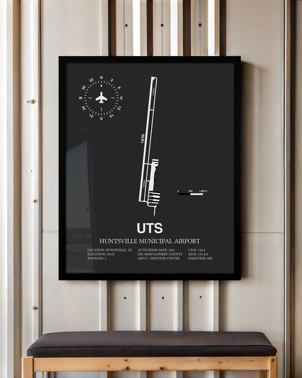 Framed Detailed Airport Map of Huntsville Municipal Airport (UTS) in Gray with a Black Frame