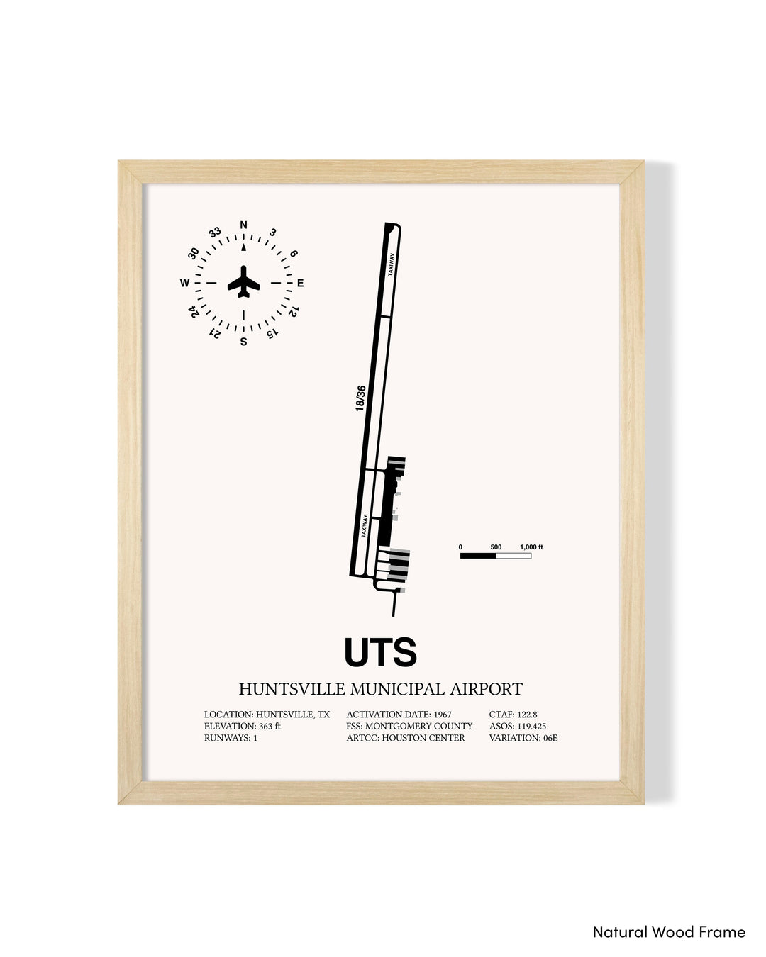 Detailed Airport Map of Huntsville Municipal Airport (UTS) in White with a Natural Frame