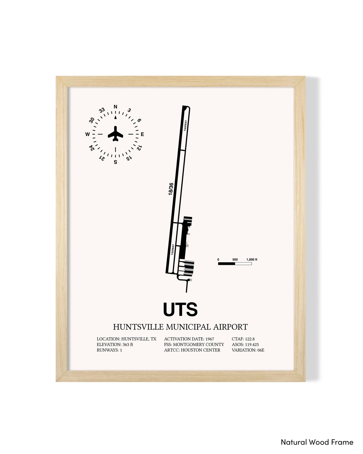 Detailed Airport Map of Huntsville Municipal Airport (UTS) in White with a Natural Frame