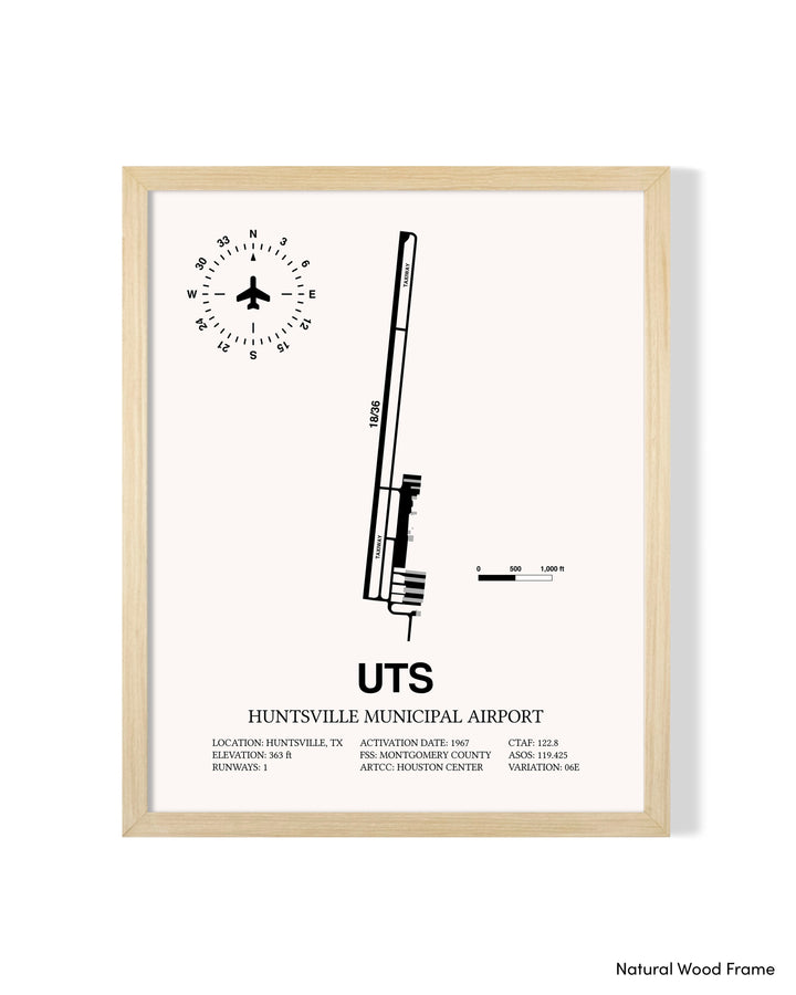 Detailed Airport Map of Huntsville Municipal Airport (UTS) in White with a Natural Frame