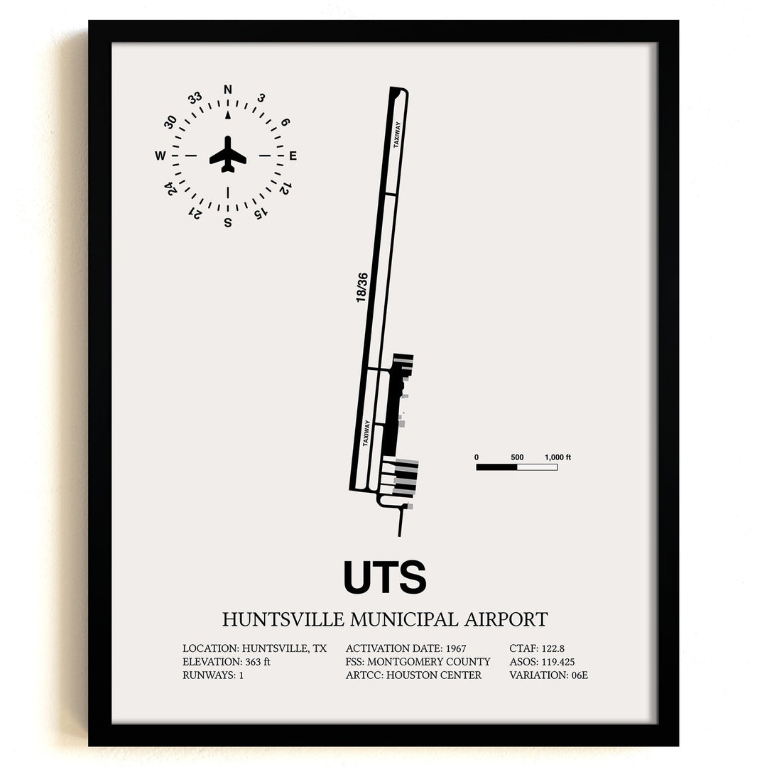 Framed Detailed Airport Map of Huntsville Municipal Airport (UTS) in White with a Black Frame