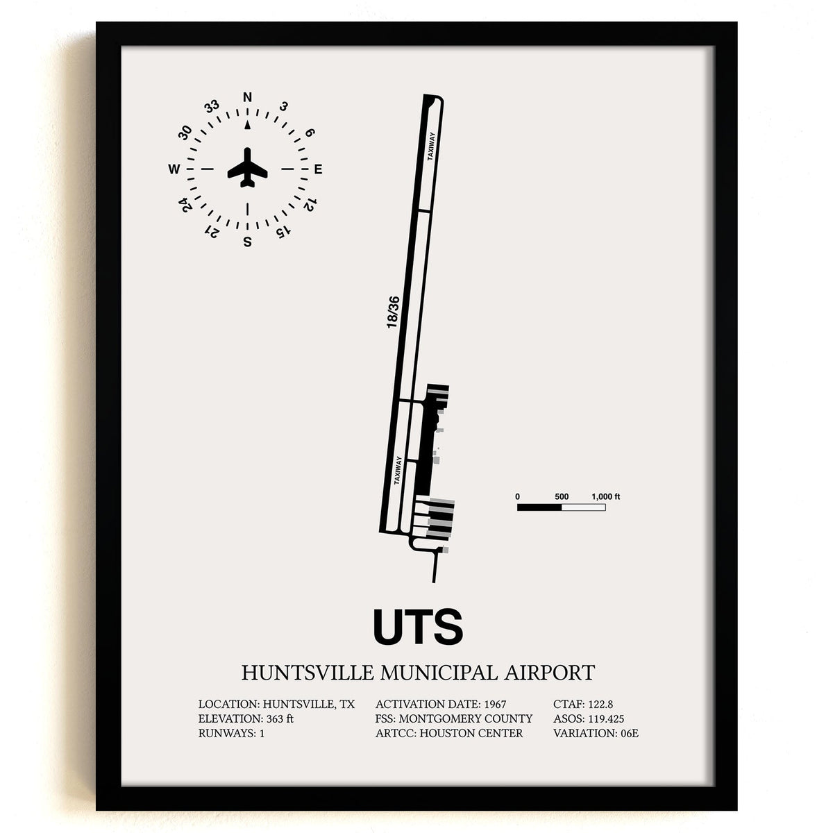 Framed Detailed Airport Map of Huntsville Municipal Airport (UTS) in White with a Black Frame