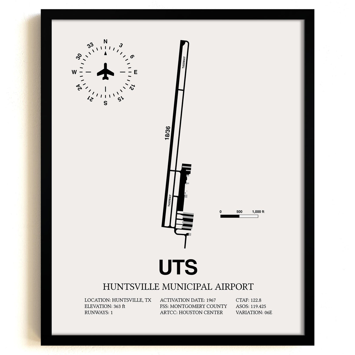 Framed Detailed Airport Map of Huntsville Municipal Airport (UTS) in White with a Black Frame