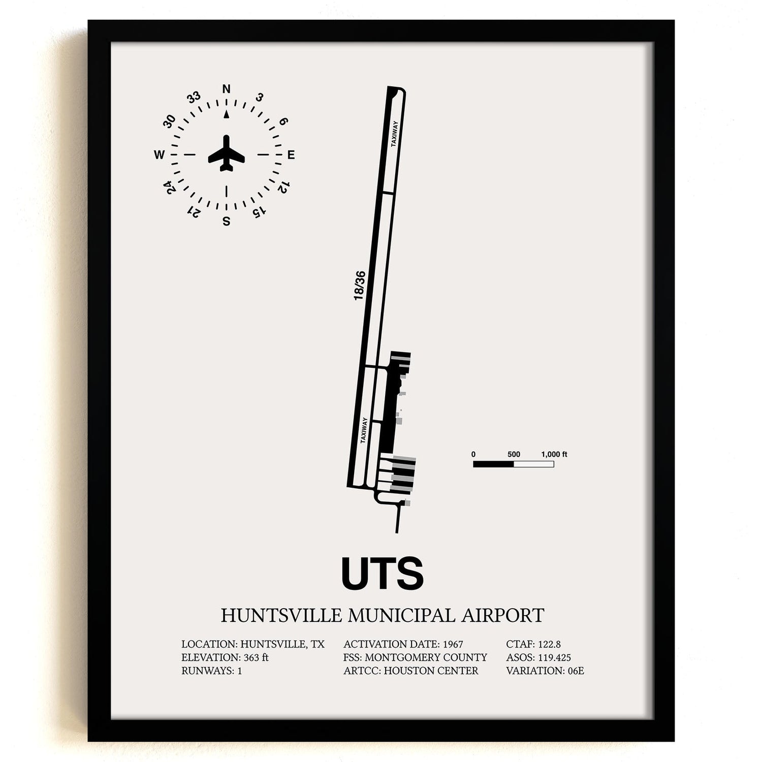 Framed Detailed Airport Map of Huntsville Municipal Airport (UTS) in White with a Black Frame