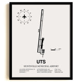 Framed Detailed Airport Map of Huntsville Municipal Airport (UTS) in White with a Black Frame