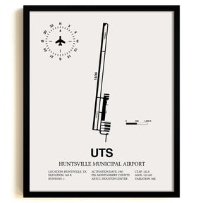 Framed Detailed Airport Map of Huntsville Municipal Airport (UTS) in White with a Black Frame