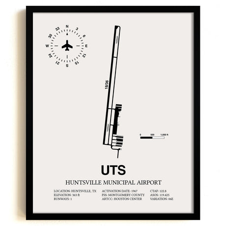 Framed Detailed Airport Map of Huntsville Municipal Airport (UTS) in White with a Black Frame