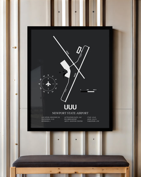 Framed Detailed Airport Map of Newport State Airport (UUU) in Gray with a Black Frame
