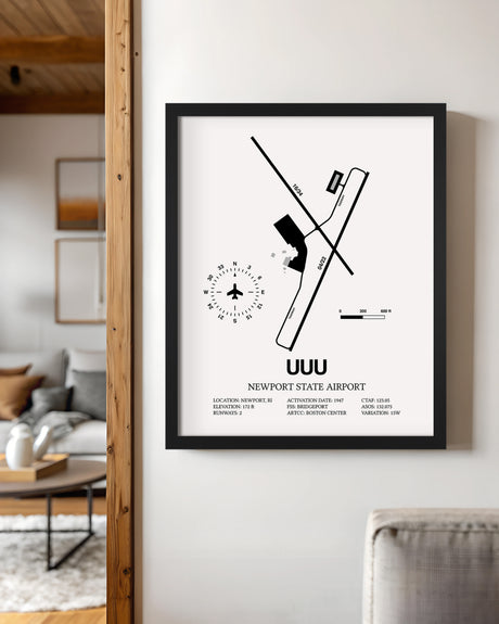 Framed Detailed Airport Map of Newport State Airport (UUU) in White with a Black Frame