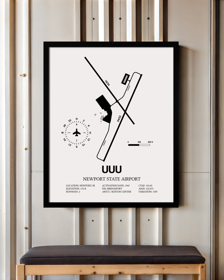Framed Detailed Airport Map of Newport State Airport (UUU) in White with a Black Frame