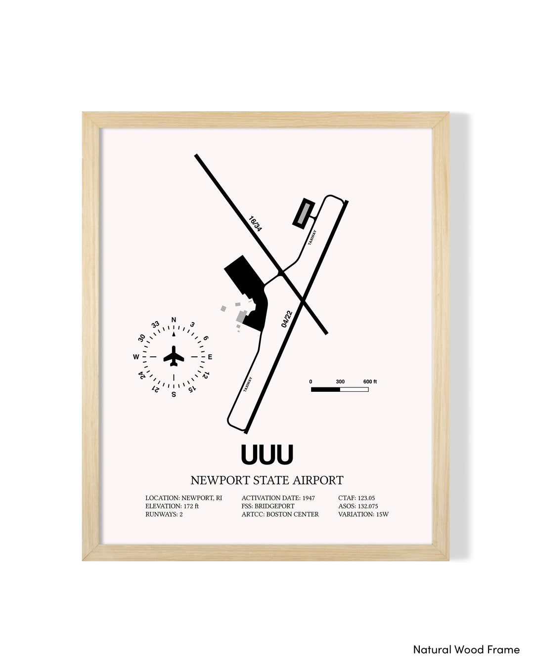 Detailed Airport Map of Newport State Airport (UUU) in White with a Natural Frame