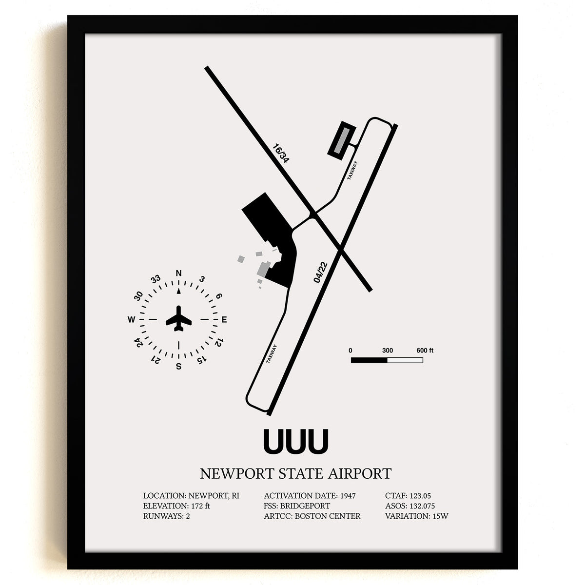 Framed Detailed Airport Map of Newport State Airport (UUU) in White with a Black Frame