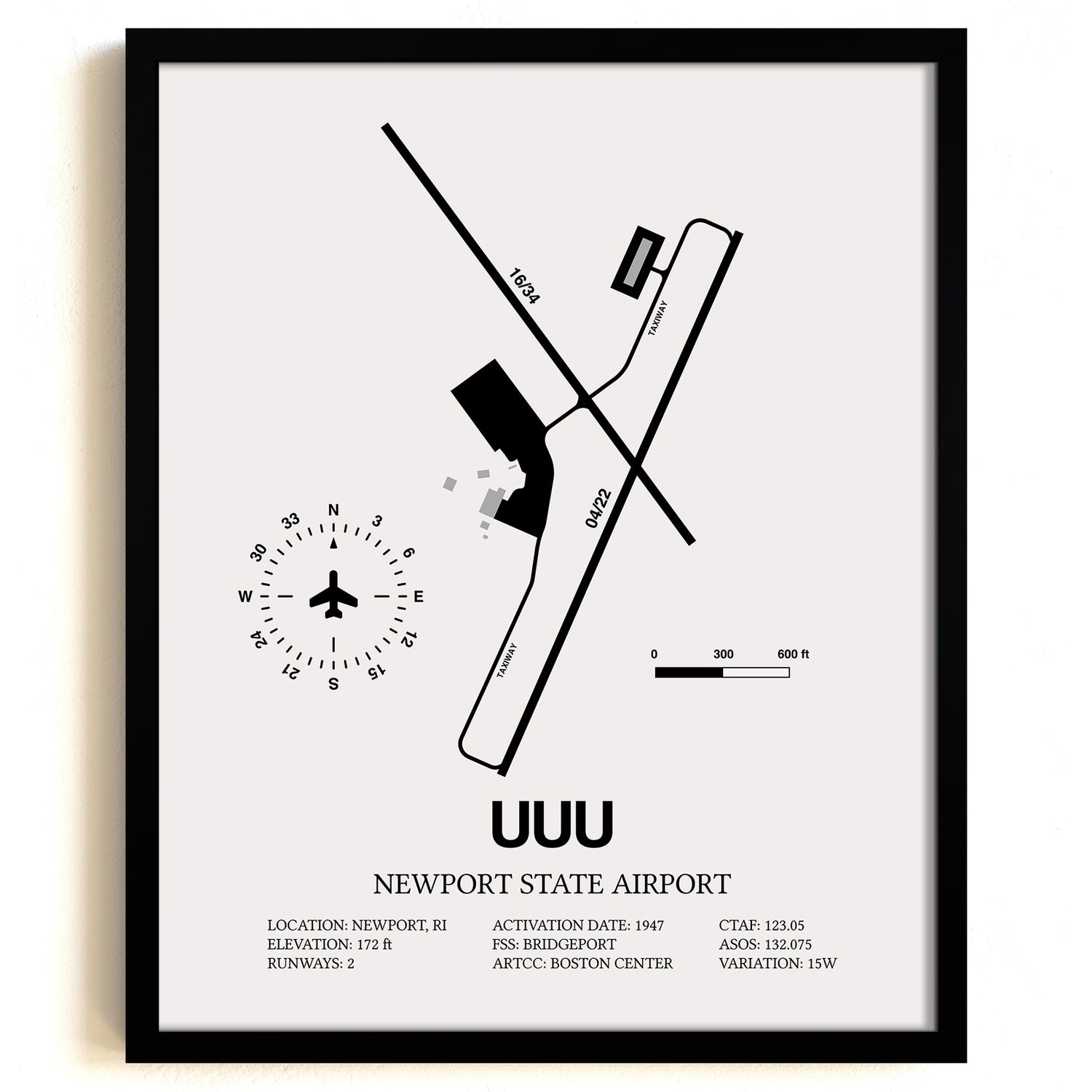 Framed Detailed Airport Map of Newport State Airport (UUU) in White with a Black Frame