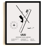 Framed Detailed Airport Map of Newport State Airport (UUU) in White with a Black Frame
