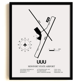 Framed Detailed Airport Map of Newport State Airport (UUU) in White with a Black Frame